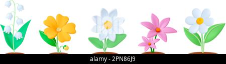Fiori da giardino 3D elementi, fiori realistici con foglie in terra. Elementi floreali isolati, fioriture chamomile nevrop set vettore Illustrazione Vettoriale
