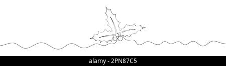 Pianta di Natale in stile disegno a linea continua. Linea arte di foglie agrifoglio con bacche. Illustrazione vettoriale. Sfondo astratto Illustrazione Vettoriale