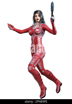 donna futuristica in uniforme rossa, armata con una pistola, 3d illustrazione Foto Stock