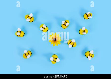 Graziose api feltrate che circondano il fiore giallo su sfondo blu Foto Stock