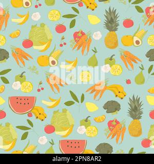 Modello senza cuciture con frutta e verdura su sfondo blu Illustrazione Vettoriale