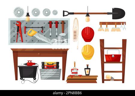Set di illustrazioni vettoriali per mobili e utensili da officina o da garage Illustrazione Vettoriale