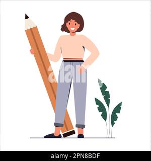 Studente di stile piatto con matita abig. Istruzione. Illustrazione Vettoriale