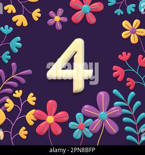 serie di numeri su sfondo scuro con fiori e piante, 3d rendering, quattro Foto Stock