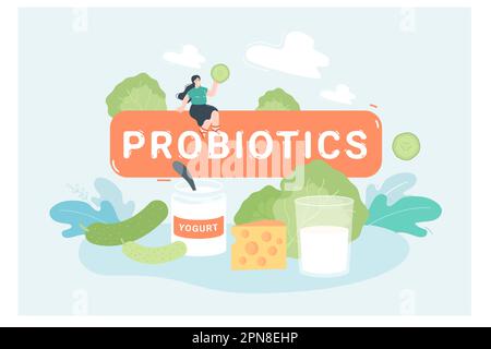 Cibo probiotico per la salute dell'intestino e del tratto digestivo delle piccole donne Illustrazione Vettoriale