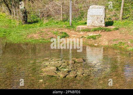 La pietra che segna la fonte del Tamigi a Tamigi testa sul Cotswolds vicino a Kemble, Gloucestershire, Inghilterra UK Foto Stock