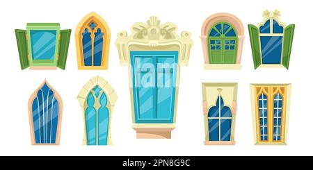 Finestre medievali o antiche incornicia set di illustrazioni vettoriali Illustrazione Vettoriale