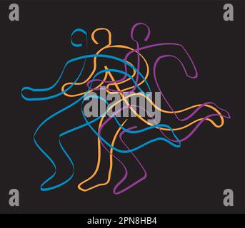 Corsa, maratona, jogging, line art stilizzato. Illustrazione stilizzata di tre corse. Disegno a linea continua. Illustrazione Vettoriale