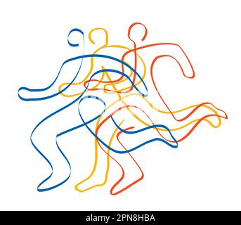 Corsa, maratona, jogging, line art stilizzato. Illustrazione stilizzata di tre corse. Disegno a linea continua. Illustrazione Vettoriale