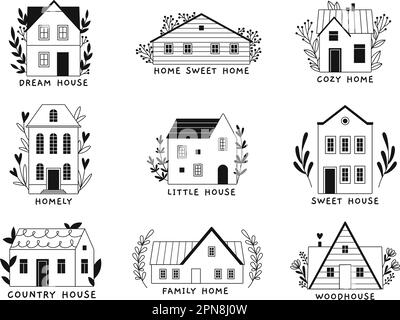 Logo grafico Sweet home. Case monocromatiche e iscrizione, segni nostalgici. Città piccoli edifici con piante. Emblemi vettoriali per la democrazia immobiliare Illustrazione Vettoriale