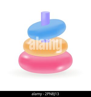 Cerchi blu, rossi e gialli sul bastone dell'icona della piramide giocattolo 3D Illustrazione Vettoriale