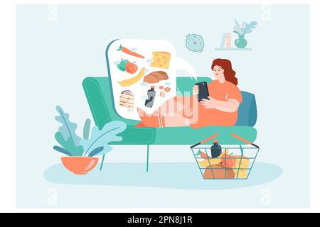 Ragazza sul divano ordinare cibo dal negozio online via telefono Illustrazione Vettoriale