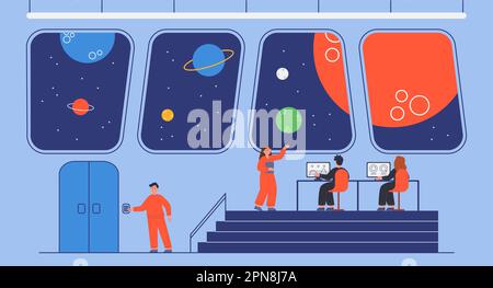 Interno del ponte dell'astronave con capitano e membri dell'equipaggio Illustrazione Vettoriale