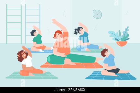 Istruttore di cartoni animati e gruppo di bambini che fanno esercizi di yoga Illustrazione Vettoriale