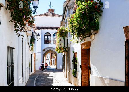 Jerez Street e Arco de Jerez sullo sfondo. Vista intramurale, l'Arco di Jerez, arco di Jerez, di Zafra è l'unica porta che è stata conservata Foto Stock