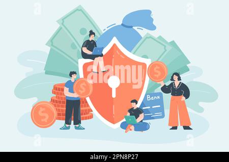 Piccole persone d'affari con grande scudo e monete d'oro Illustrazione Vettoriale