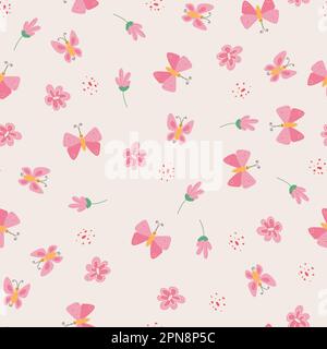 Modello senza cuciture per bambini con graziose farfalle e fiori. Illustrazione vettoriale in semplice stile infantile Illustrazione Vettoriale
