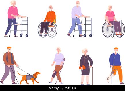 Escursionisti anziani. Anziani handicappati, veterani anziani che camminano con bastone canna o camminatore, donna e uomo di età su sedia a rotelle, nonni disabili malati illustrazione vettore di escursionista anziano Illustrazione Vettoriale