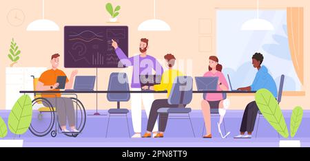 Ufficio incluso. Inclusione diversità equità sul posto di lavoro, comunicazione di lavoro di squadra di persone diverse, lavoratore su sedia a rotelle in riunione di lavoro handicap gestione, illustrazione vettoriale di inclusione di squadra di ufficio Illustrazione Vettoriale