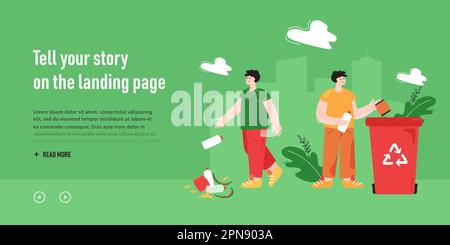 Due cartoni animati che gettano rifiuti a terra o in riciclo possono Illustrazione Vettoriale