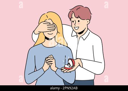 Amare uomo vicino eccitato gli occhi della donna fanno la proposta di matrimonio. Ragazzo sorridente sorpresa ragazza con anello di fidanzamento. Svezzamento e rapporto. Illustrazione vettoriale. Illustrazione Vettoriale