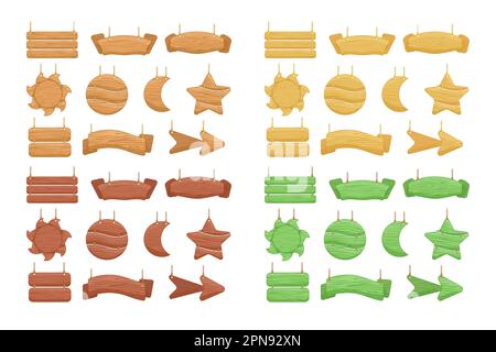 Appendere segni di legno su corde vettore illustrazioni set Illustrazione Vettoriale