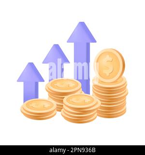 Frecce viola di grafico finanziario su e pile di denaro 3D icona Illustrazione Vettoriale