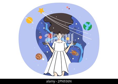 Testa enorme con donna calma dentro meditare con le mani mudra. Concetto di consapevolezza nella vita. Ragazza rilassata hanno una sessione di meditazione, si sentono consapevoli e sognanti. Mondo interiore. Illustrazione vettoriale. Illustrazione Vettoriale