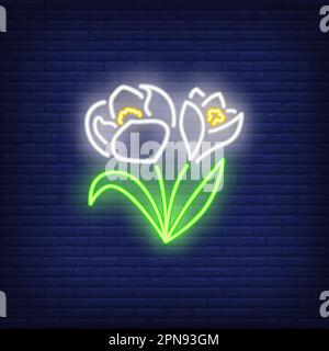 Cartello al neon con le gocce di neve. Fiori con foglie verdi Illustrazione Vettoriale