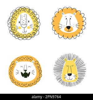 Set di simpatici leoni cartoni animati. Teste di animali di doodle divertenti. Illustrazione vettoriale Illustrazione Vettoriale