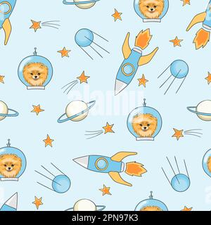 Modello spaziale infantile senza cuciture con cani carini astronauti, razzi, stelle, pianeti. Illustrazione Vettoriale