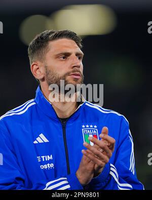 Napoli, Italia. 23rd Mar, 2023. Napoli, Italia, marzo 23rd 2023: Domenico Berardi (11 Italia) durante l'inno nazionale precedente alla partita di calcio dei qualificatori europei UEFA (Euro 2024) tra Italia e Inghilterra allo stadio Diego Armando Maradona di Napoli. (Daniela Porcelli/SPP) Credit: SPP Sport Press Photo. /Alamy Live News Foto Stock