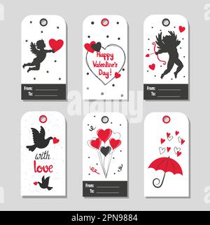 Set di etichette regalo per San Valentino. Illustrazione vettoriale in nero e rosso. Illustrazione Vettoriale