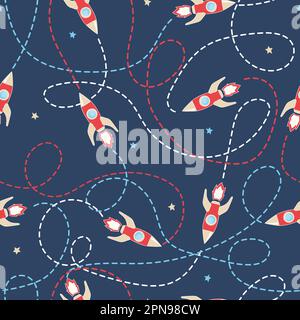 Pattern spaziale vettoriale senza cuciture con razzi e tracce. Illustrazione Vettoriale