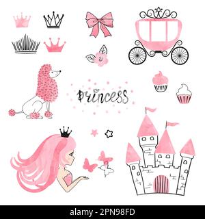 Set di elementi di design Princess World isolati sul bianco. Illustrazione vettoriale. Illustrazione Vettoriale