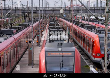 Treni locali, treni suburbani, attendere la prossima operazione, in un deposito ferroviario presso la stazione centrale di Francoforte sul meno, Assia, Germania, Foto Stock