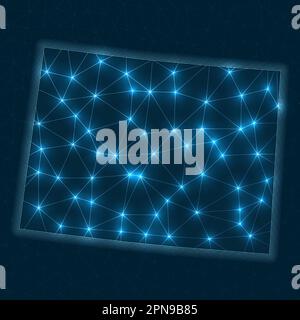 Mappa della rete Colorado. Mappa geometrica astratta dello stato degli Stati Uniti. Progettazione di connessioni digitali e telecomunicazioni. Rete Internet luminosa. Illustrazione Vettoriale