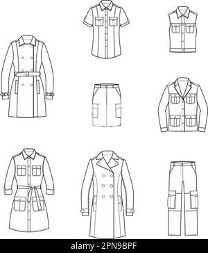 Abbigliamento militare femminile. CAD moda. Illustrazione Vettoriale