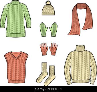 Maglione e accessori a maglia. CAD moda. Illustrazione Vettoriale