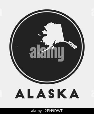 Icona dell'Alaska. Logo rotondo con mappa e titolo dello stato degli Stati Uniti. Elegante distintivo Alaska con mappa. Illustrazione vettoriale. Illustrazione Vettoriale