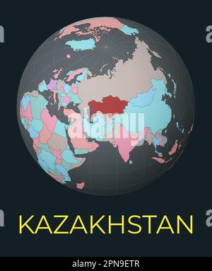Mappa del mondo incentrata sul Kazakistan. Paese evidenziato in rosso. Visione satellitare del mondo incentrata sul paese con il nome. Illustrazione vettoriale. Illustrazione Vettoriale