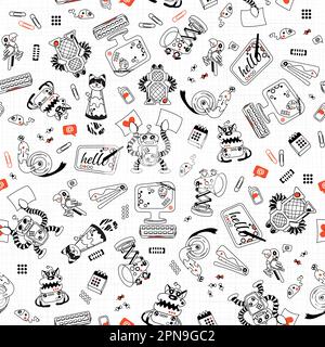 Robot da ufficio sketchy ma carino in nero, bianco e rosso su sfondo bianco Illustrazione Vettoriale