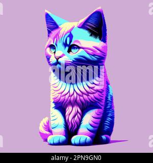 Colorato ritratto di acquerello di gatto in pop art su isolato su sfondo. Carino gattino bello su stile cyberpunk. Colori vivaci al neon. Vettore digitale Illustrazione Vettoriale