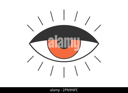 Retro boho aperto occhi rossi con raggi ciglia. Badge psichedelico in stile hippie groovy. Sticker pupilla vintage hippy pazzo esoterico. Abstract 60s, 70s, 80s illustrazione eps vettoriale trendy Y2K Illustrazione Vettoriale