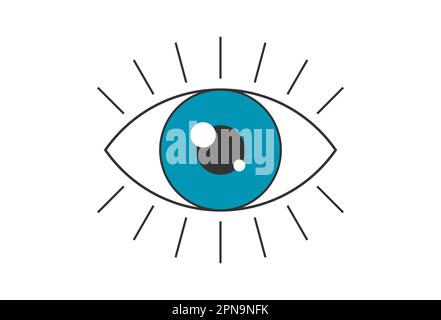 Retro boho aperto occhio blu con raggi ciglia. Design in stile hippie groovy psichedelico. Adesivo pupilla vintage hippy pazzo esoterico. Abstract 60s, 70s, 80s illustrazione eps vettoriale trendy Y2K Illustrazione Vettoriale