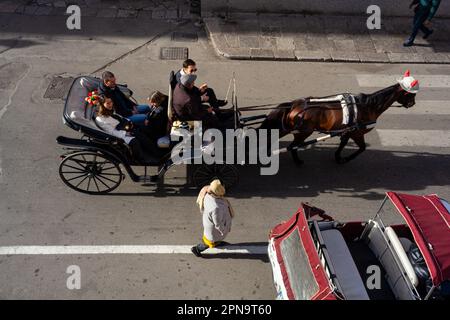 Palermo, Italia - 23 dicembre 2022: Vista dall'alto del tradizionale cocchiere che riposa sulla sua carrozza trainata da cavalli con turisti a Palermo Foto Stock