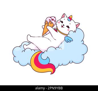 Personaggio di Caticorno cartoon su nuvola con gelato. Felice unicorno gatto, gattino o gattino vettore personage godere dolce dessert. Carino gatto animale con pioggia Illustrazione Vettoriale