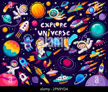 Cartoon bambini spazio e galassia, astronauti, pianeti e razzi. Vettore cosmico sfondo ripetuto con cosmonauti divertenti in tute spaziali che volano in unive Illustrazione Vettoriale
