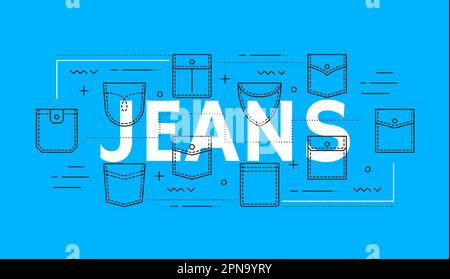 Jeans denim e tasche giacca. Abbigliamento casual e da lavoro, capi di abbigliamento in denim, pantaloni jeans e magliette delineano icone vettoriali di diversa forma Pocke Illustrazione Vettoriale