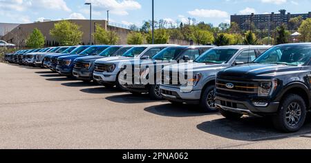 Una linea di nuovi pick-up Ford F150 in vendita presso una concessionaria a Monroeville, Pennsylvania, USA Foto Stock